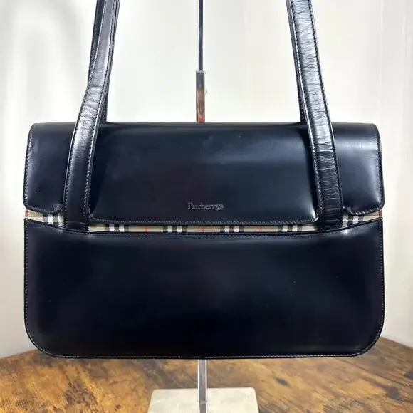 Burberry Nova Check Black Leather Shoulder Bag Authentic Vintage - Picture 2 of 16